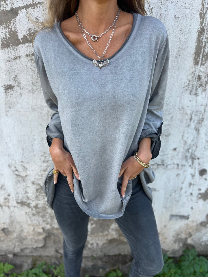 Retro distressed solid color round neck loose flowing hem long sleeves
