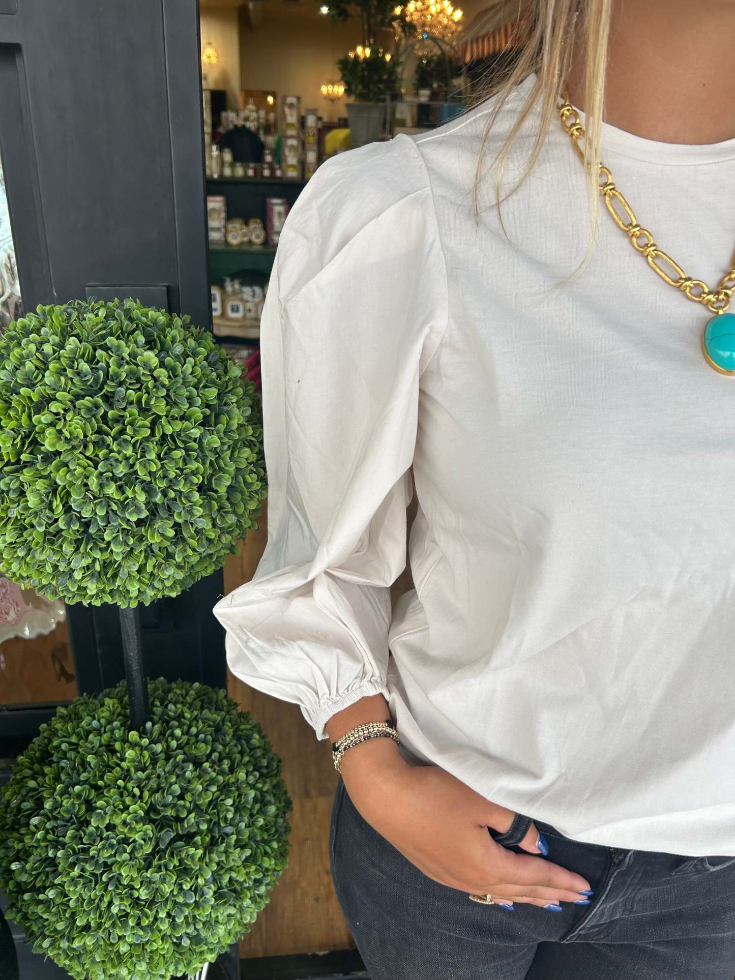 Solid color temperament puff sleeve half sleeve tops
