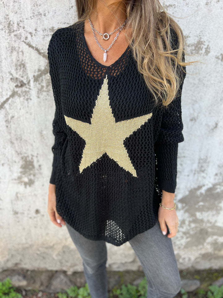 Women's Star Print Crew Neck Crochet Fishnet Top