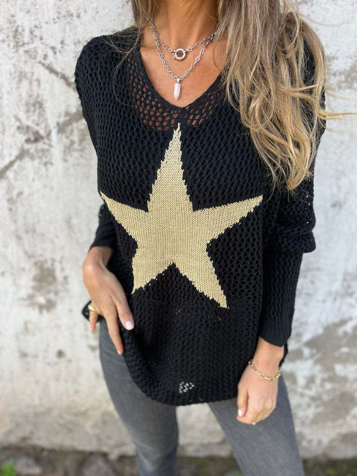Women's Star Print Crew Neck Crochet Fishnet Top