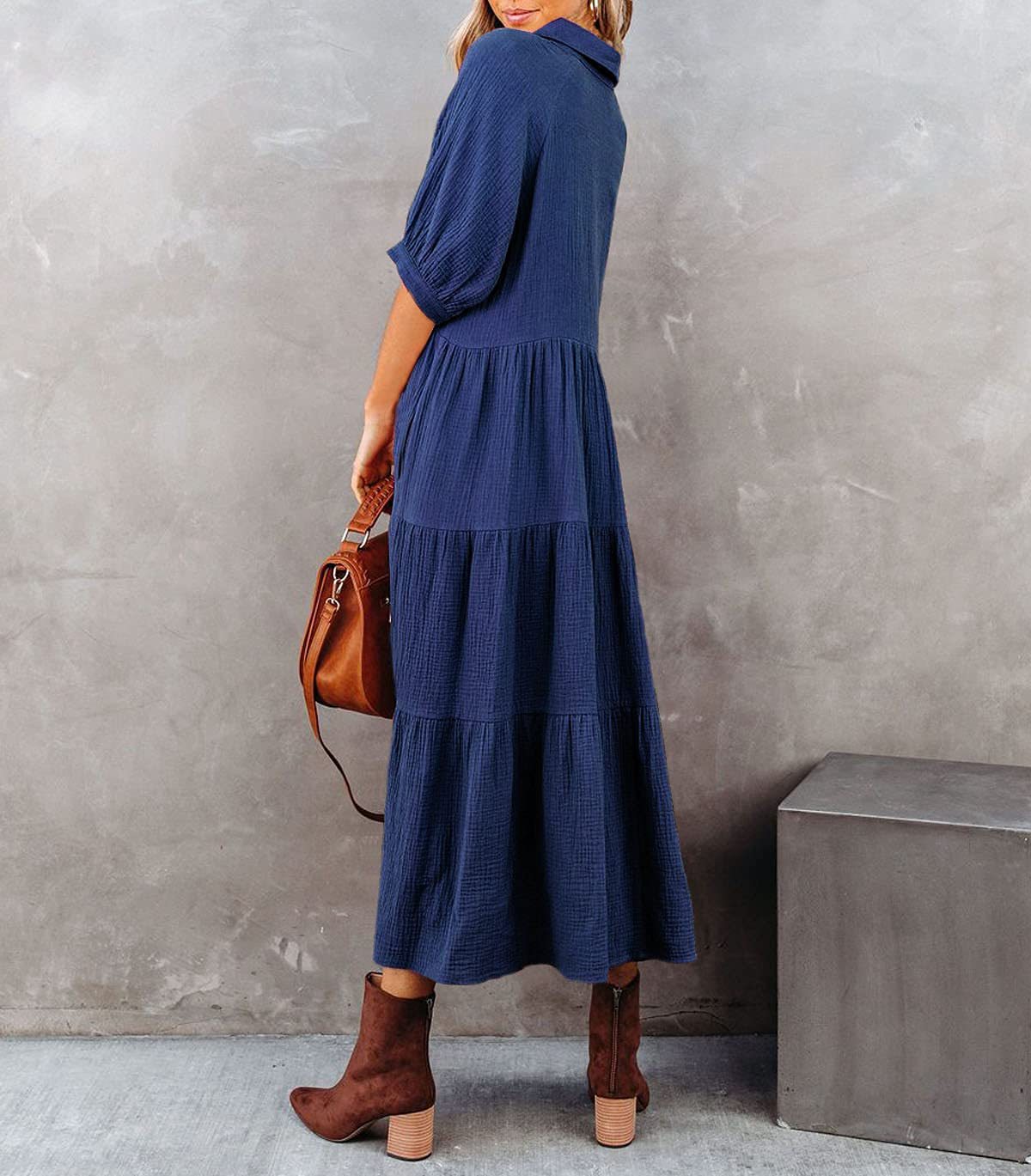 Women's summer cotton half-sleeve midi dress with pockets