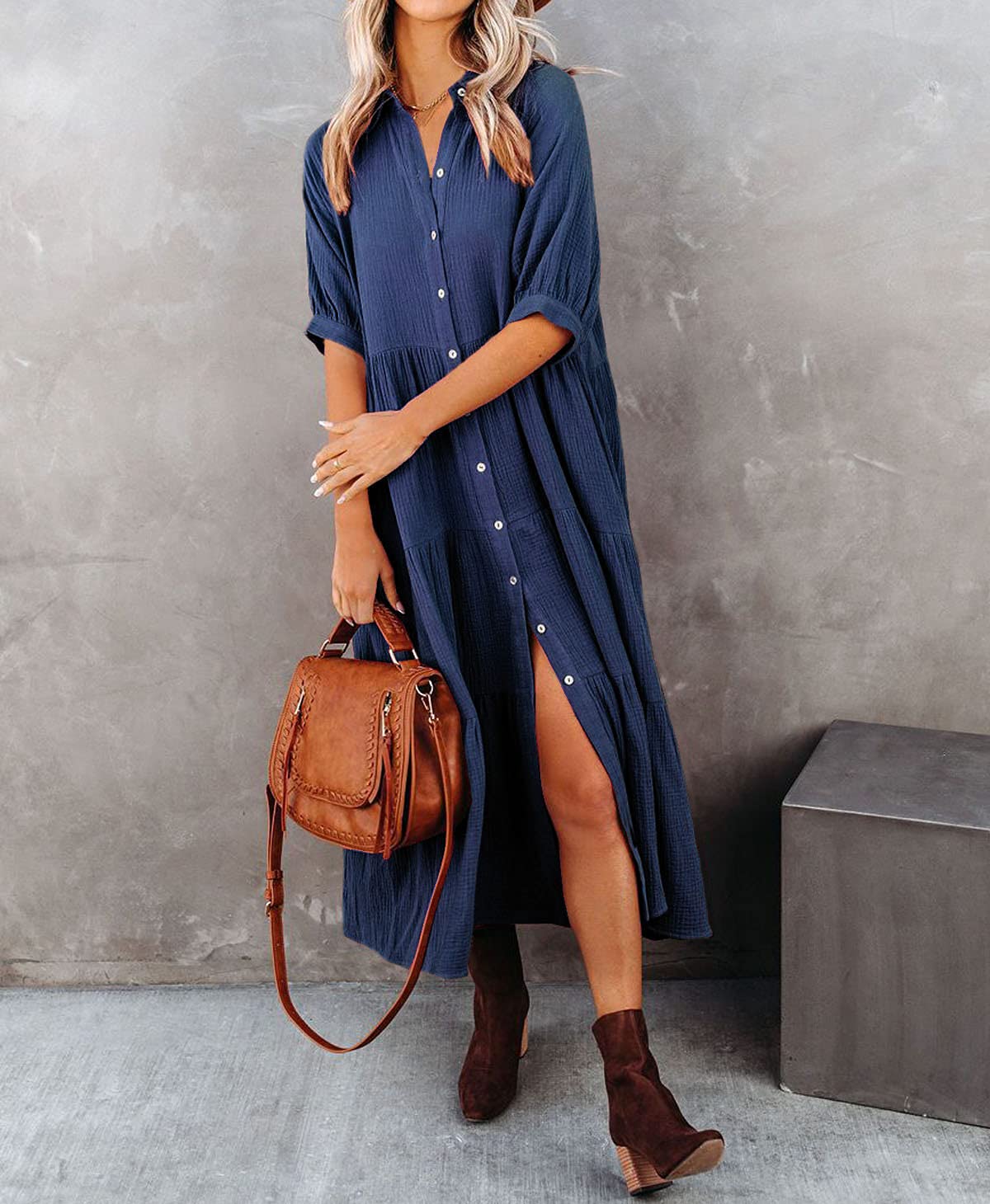 Women's summer cotton half-sleeve midi dress with pockets