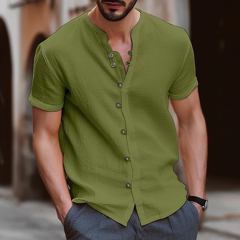 Men's retro button-down cotton and linen casual short-sleeved shirt