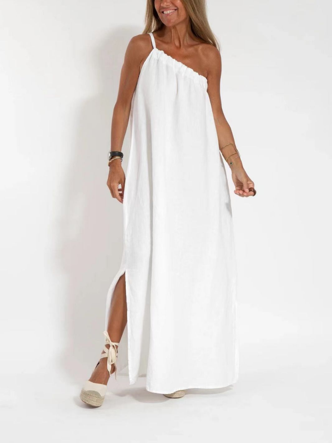 Hanging Neck Slit Cotton and Linen Casual Resort Dress