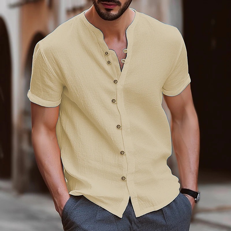 Men's retro button-down cotton and linen casual short-sleeved shirt