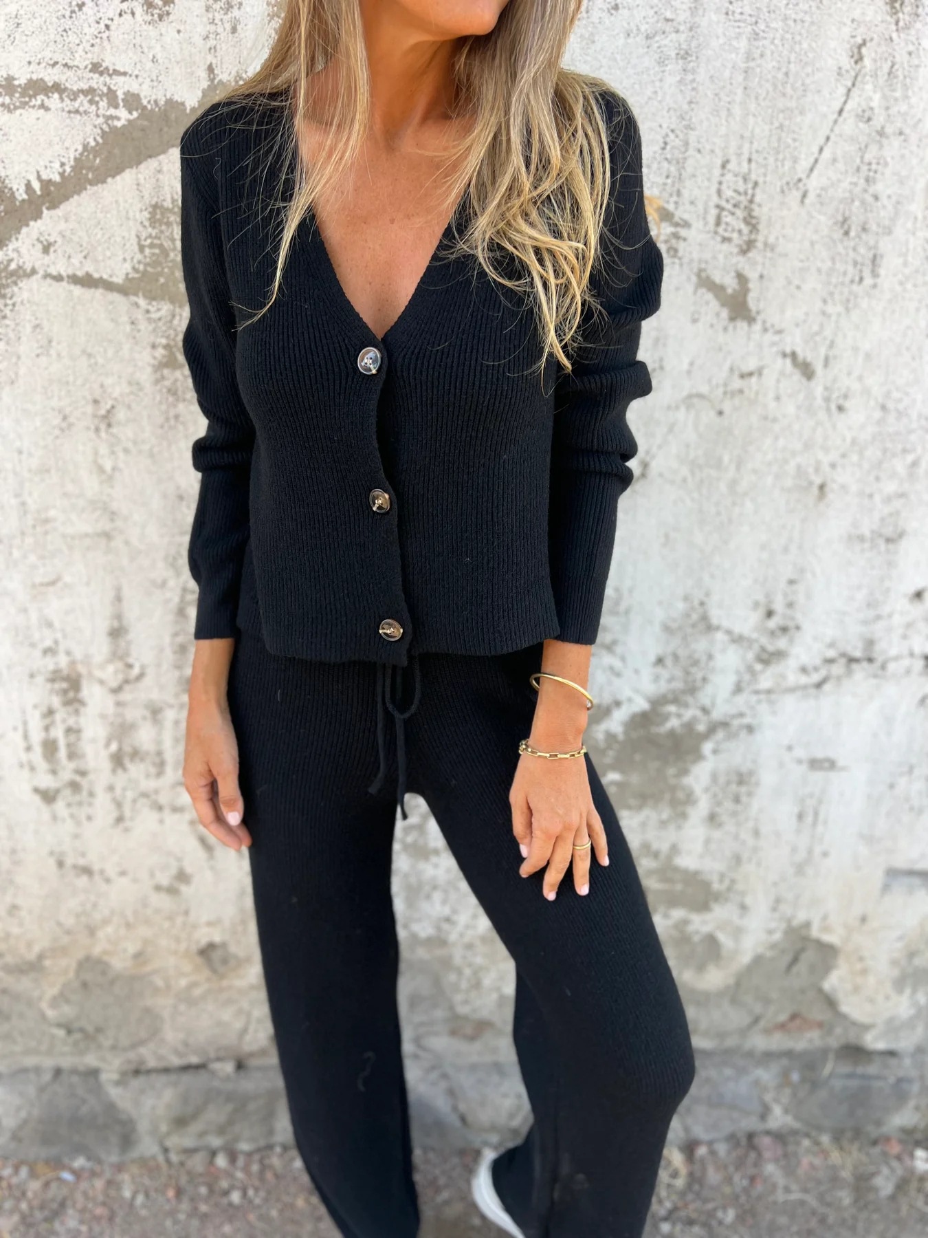 Essnce Ribbed Knit Button Front Jacket & Flare Leg Pants