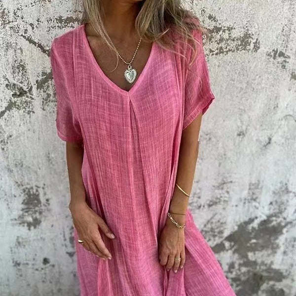 V-neck cotton linen short-sleeved dress