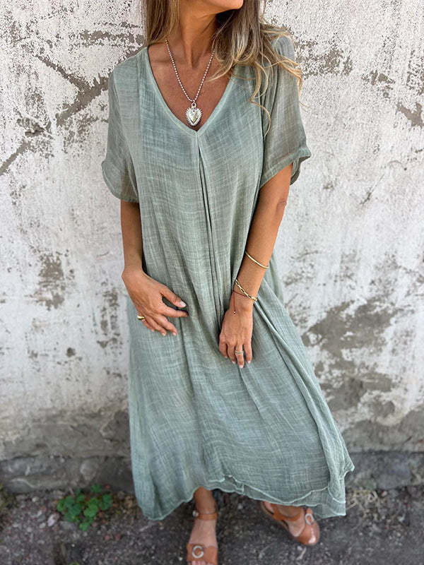 V-neck cotton linen short-sleeved dress