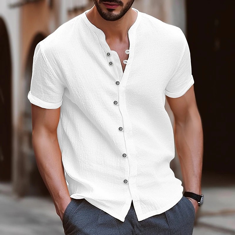 Hawaii new fashion men's retro button-down cotton and linen casual short-sleeved shirt