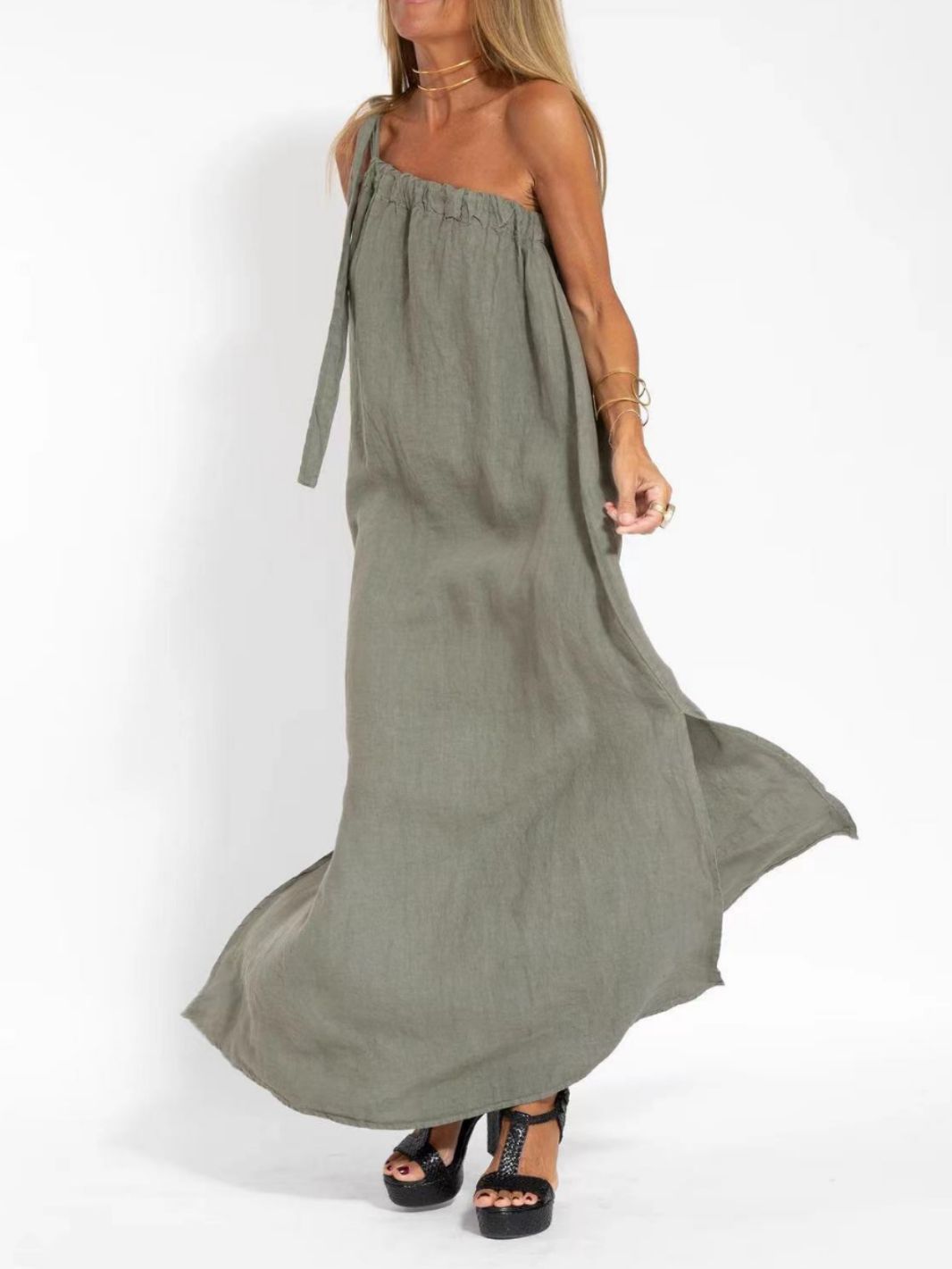 Hanging Neck Slit Cotton and Linen Casual Resort Dress