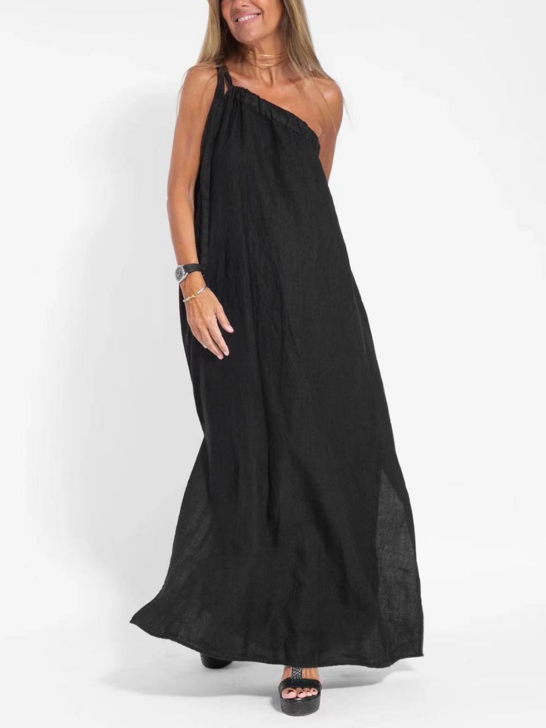 Hanging Neck Slit Cotton and Linen Casual Resort Dress