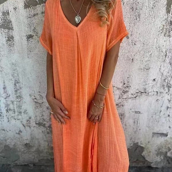V-neck cotton linen short-sleeved dress