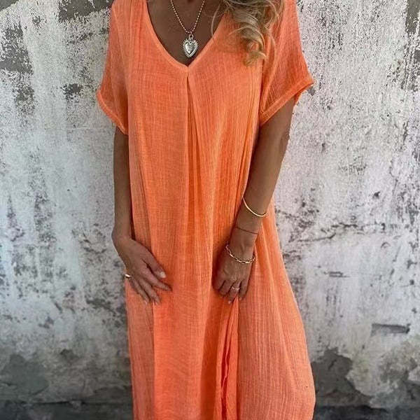 V-neck cotton linen short-sleeved dress