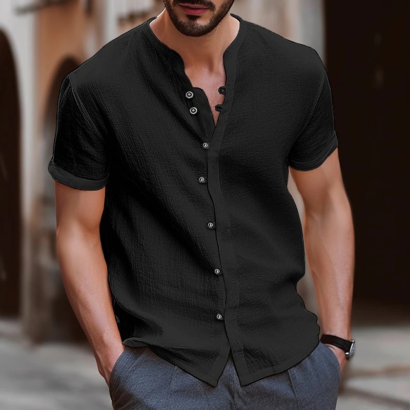 Men's retro button-down cotton and linen casual short-sleeved shirt
