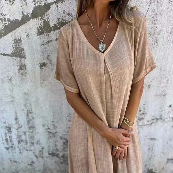 V-neck cotton linen short-sleeved dress