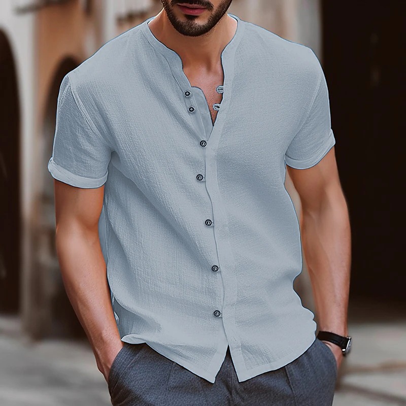Men's retro button-down cotton and linen casual short-sleeved shirt
