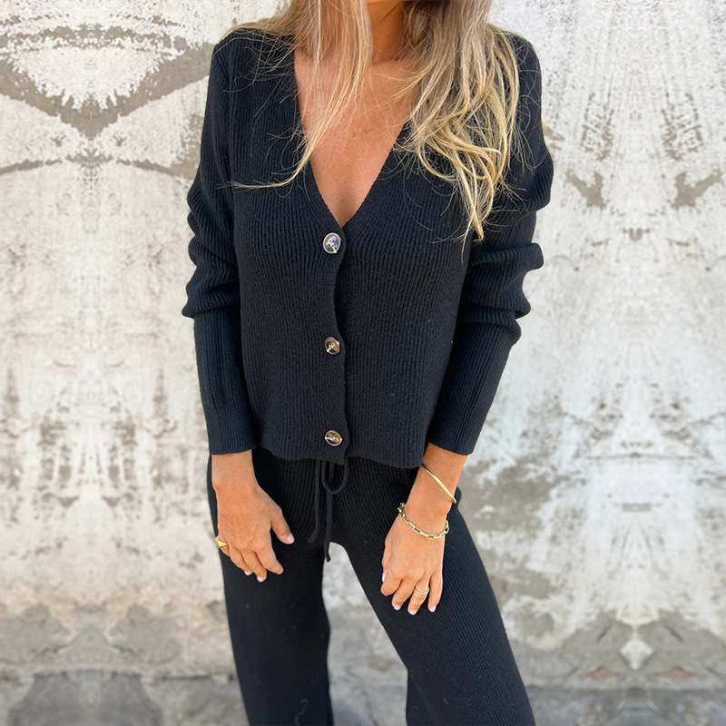 Essnce Ribbed Knit Button Front Jacket & Flare Leg Pants