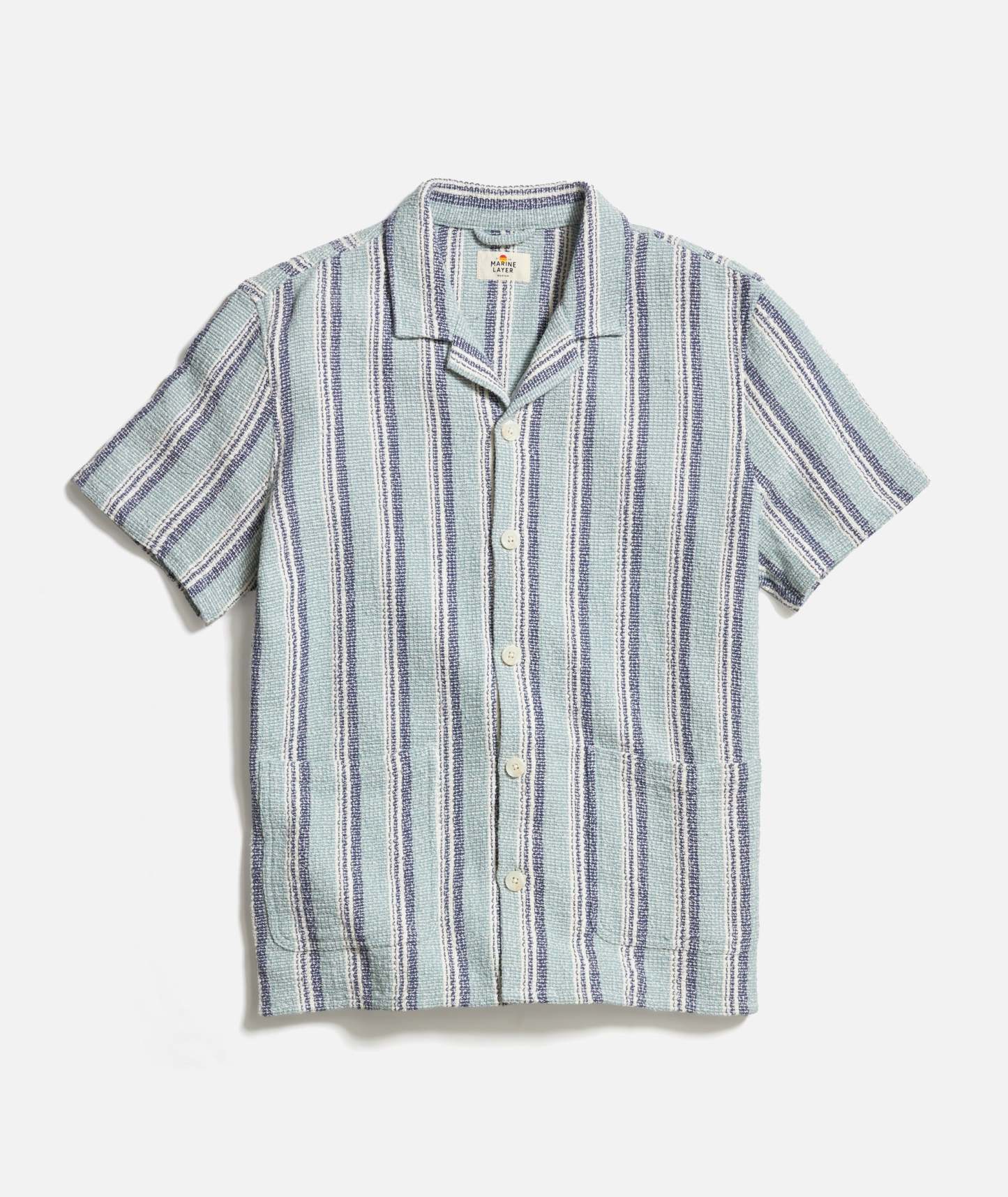 Men's Casual Cotton Linen Lapel Pocket Short Sleeve Striped Shirt