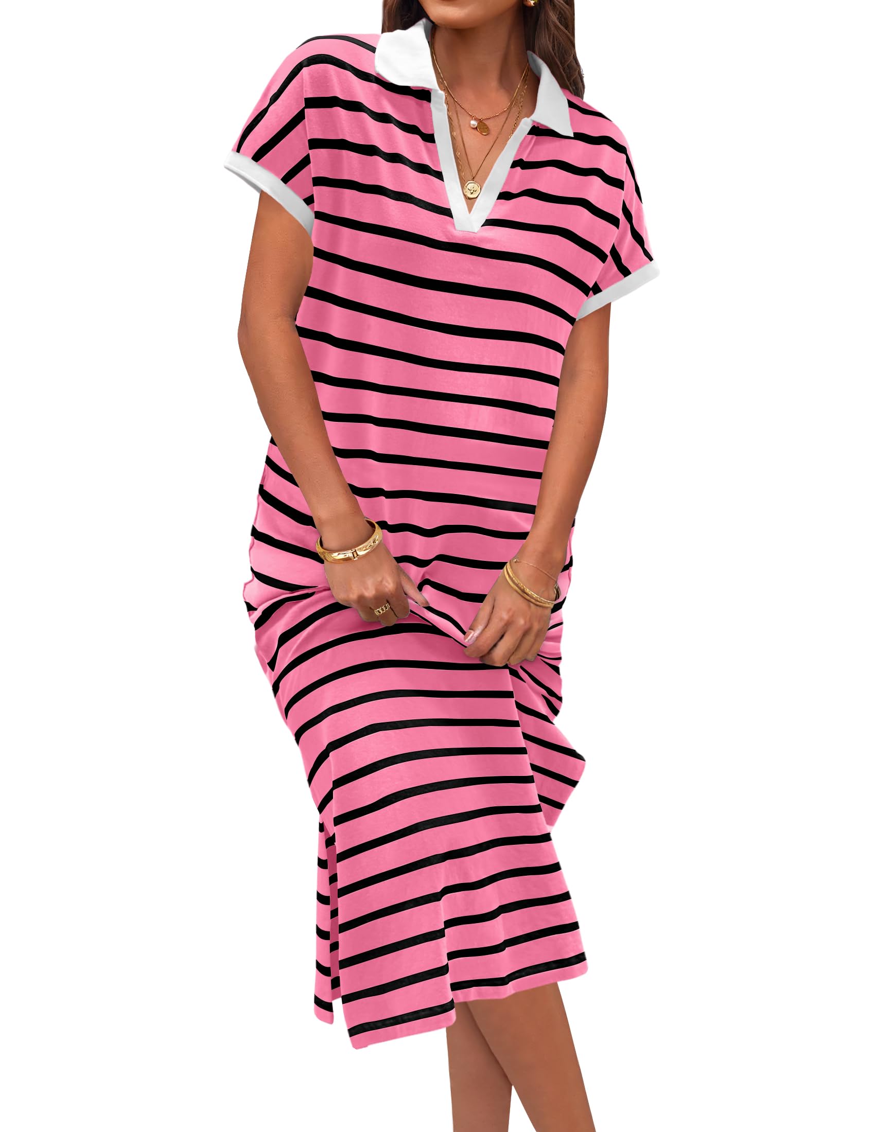 Summer Striped Short Sleeve Dress V Neck Collared Side Slit Casual Maxi Dresses