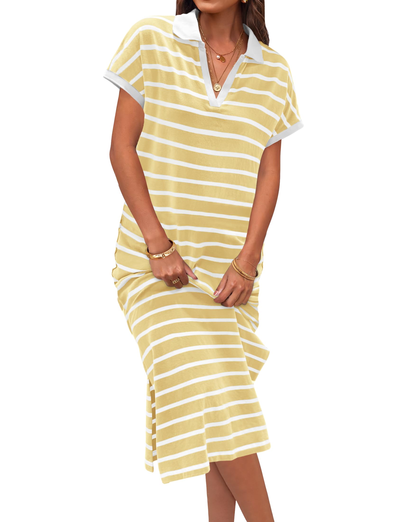 Summer Striped Short Sleeve Dress V Neck Collared Side Slit Casual Maxi Dresses