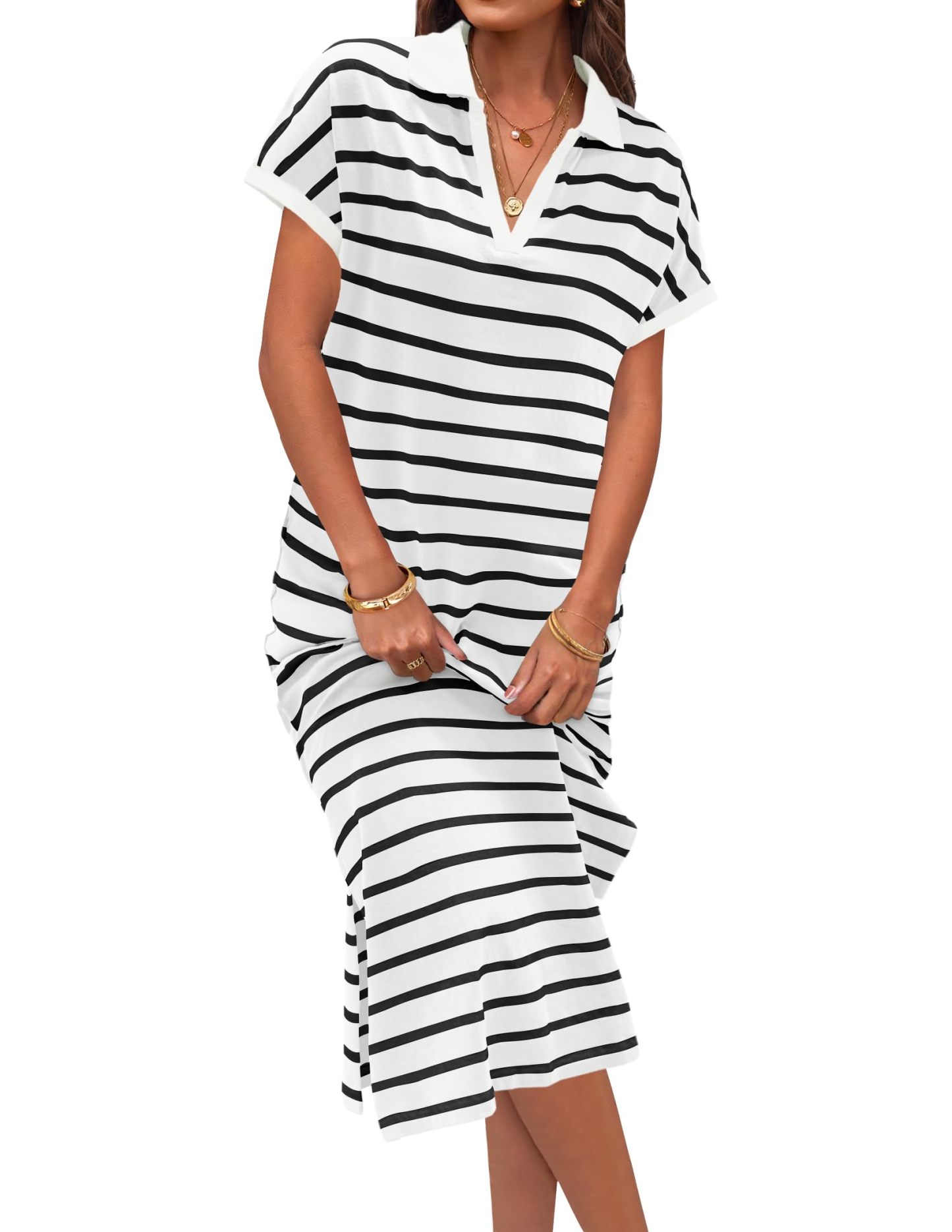 Summer Striped Short Sleeve Dress V Neck Collared Side Slit Casual Maxi Dresses
