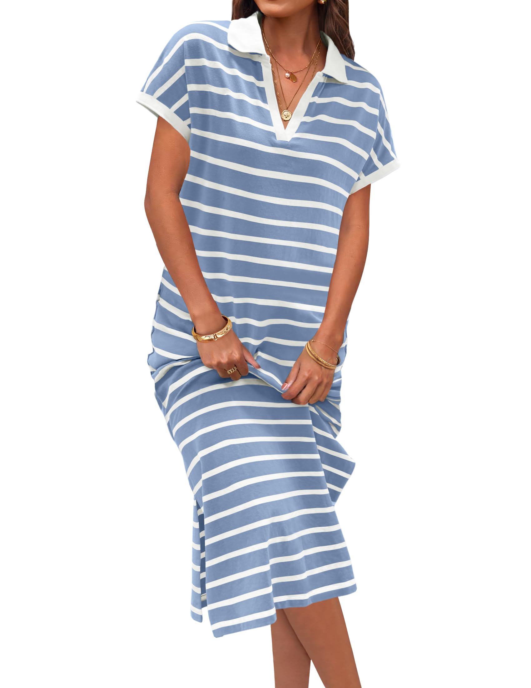 Summer Striped Short Sleeve Dress V Neck Collared Side Slit Casual Maxi Dresses