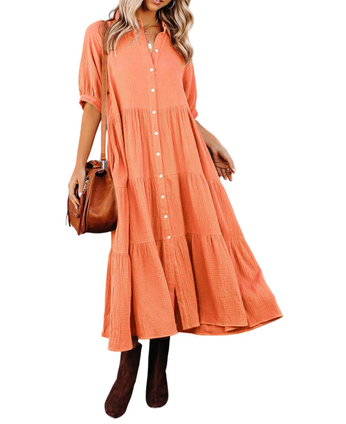 Women's summer cotton half-sleeve midi dress with pockets