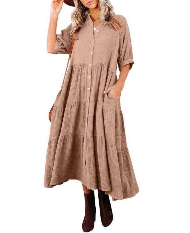 Women's summer cotton half-sleeve midi dress with pockets
