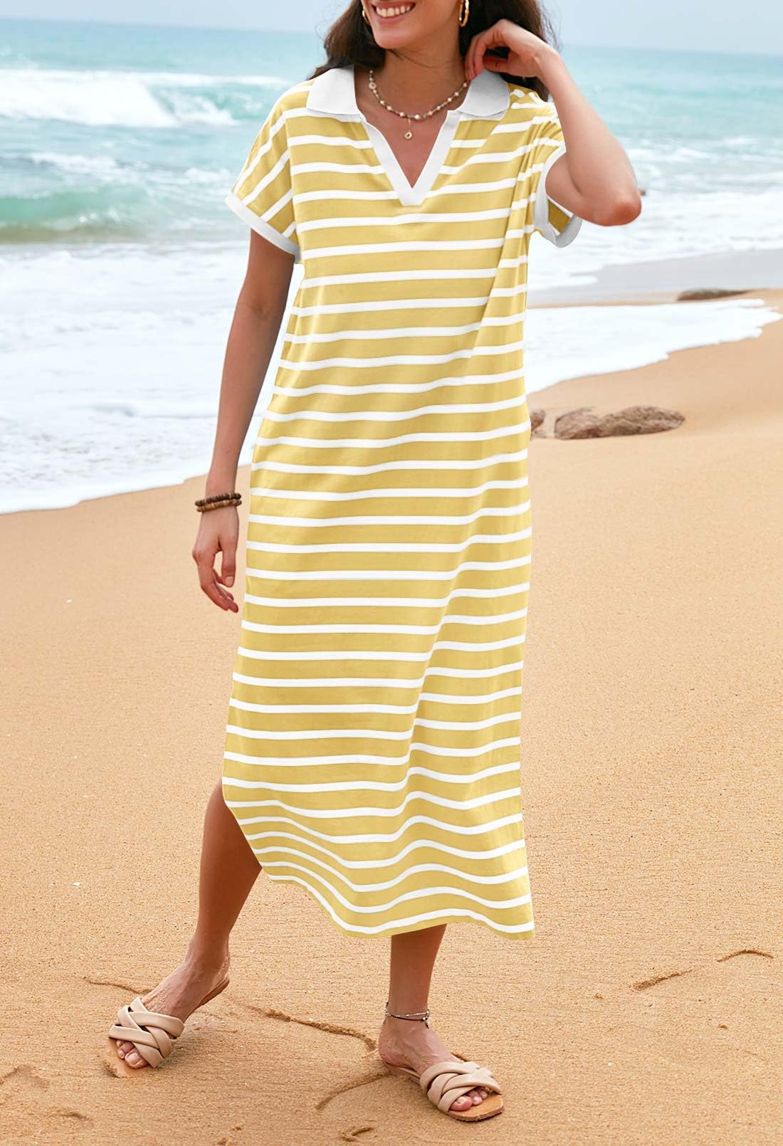 Summer Striped Short Sleeve Dress V Neck Collared Side Slit Casual Maxi Dresses