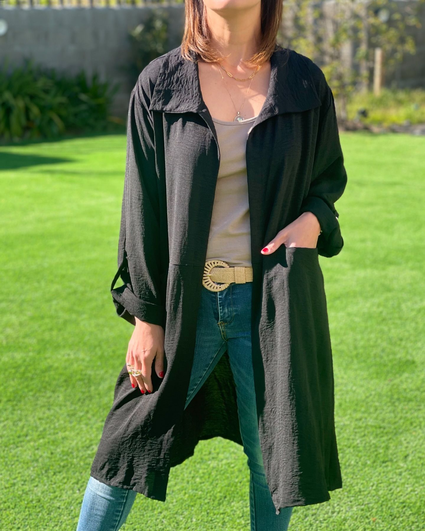 Women's Large Lapel Pocket Midi Cardigan Shirt