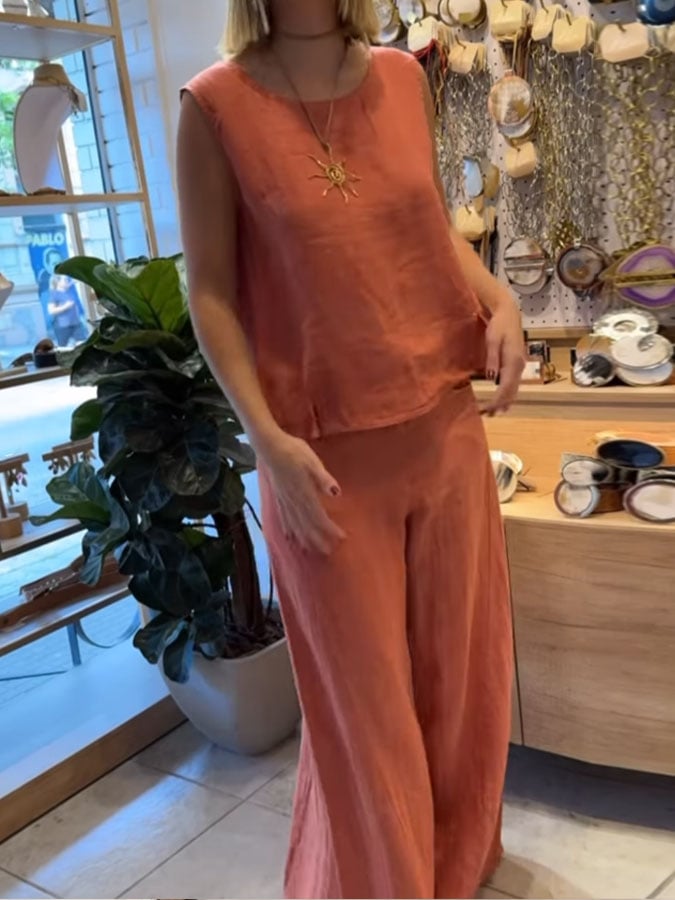 Women's Casual Solid Color Round Neck Vest Trousers Cotton and Linen Two-piece Set