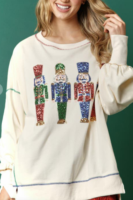 2024 Women's Christmas Sequin Printed Crew Neck Long Sleeve Shirt