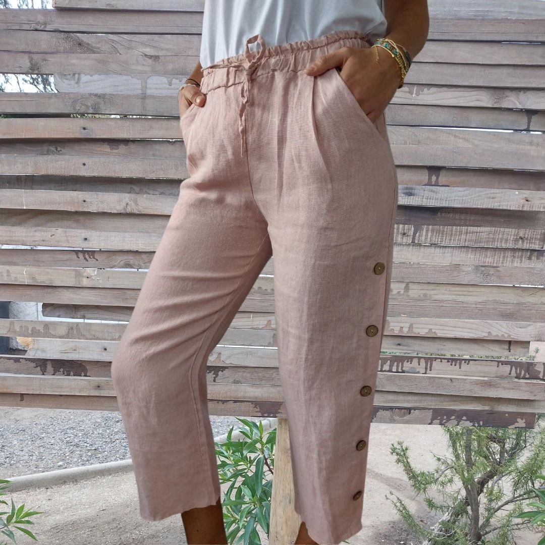 Cotton and linen elastic waist solid color casual trousers