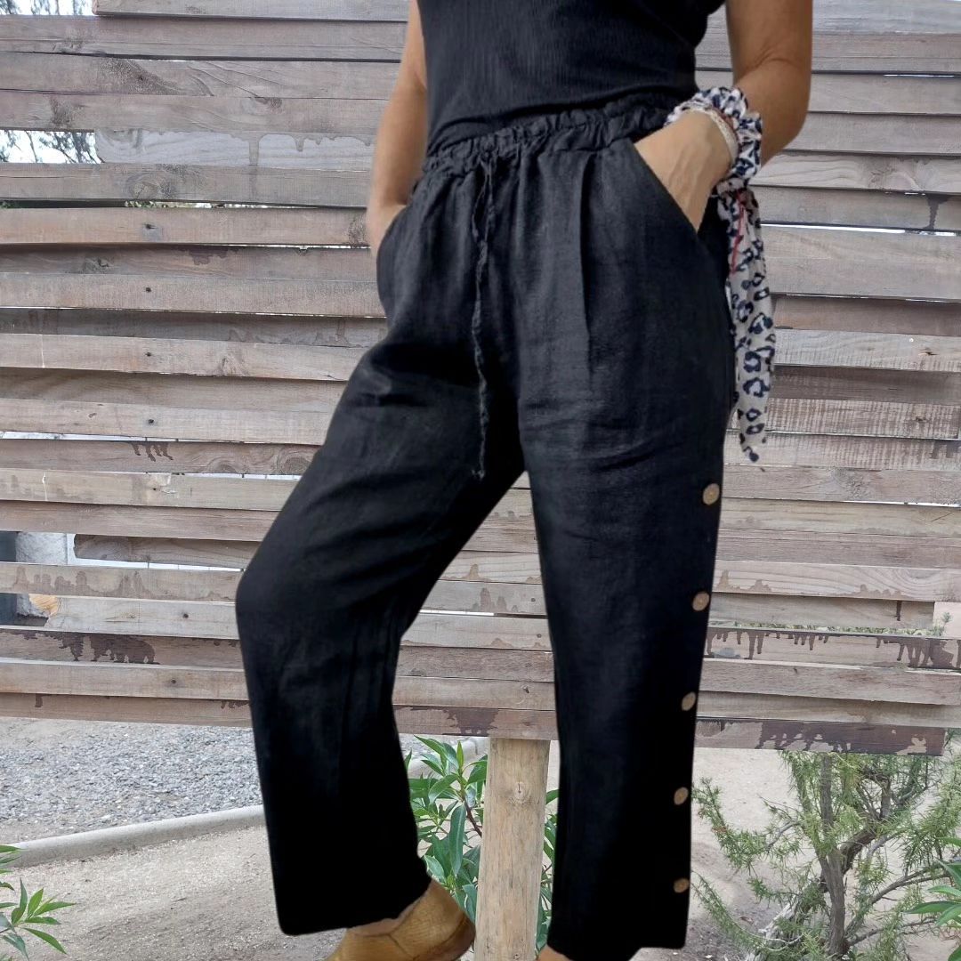Cotton and linen elastic waist solid color casual trousers