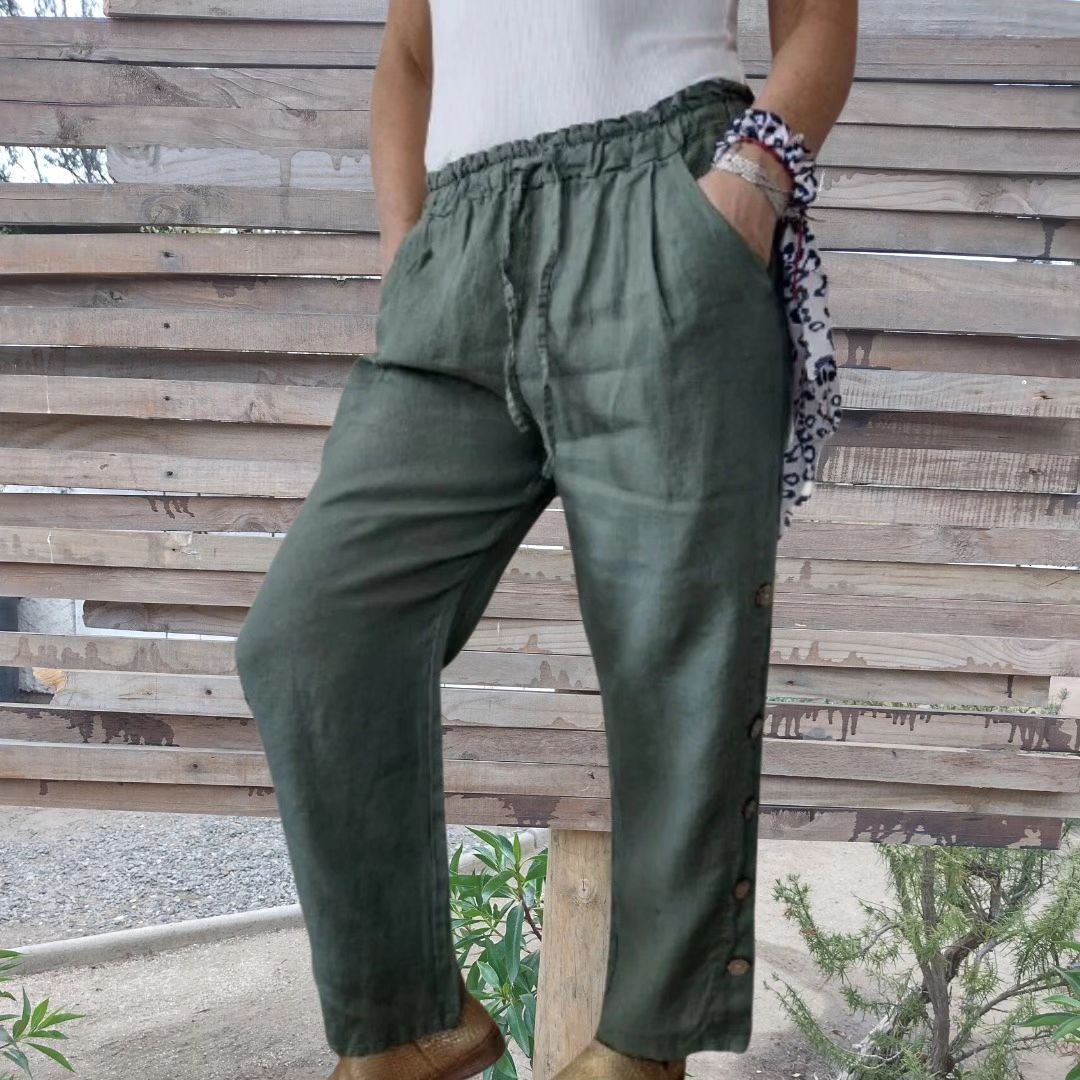 Cotton and linen elastic waist solid color casual trousers