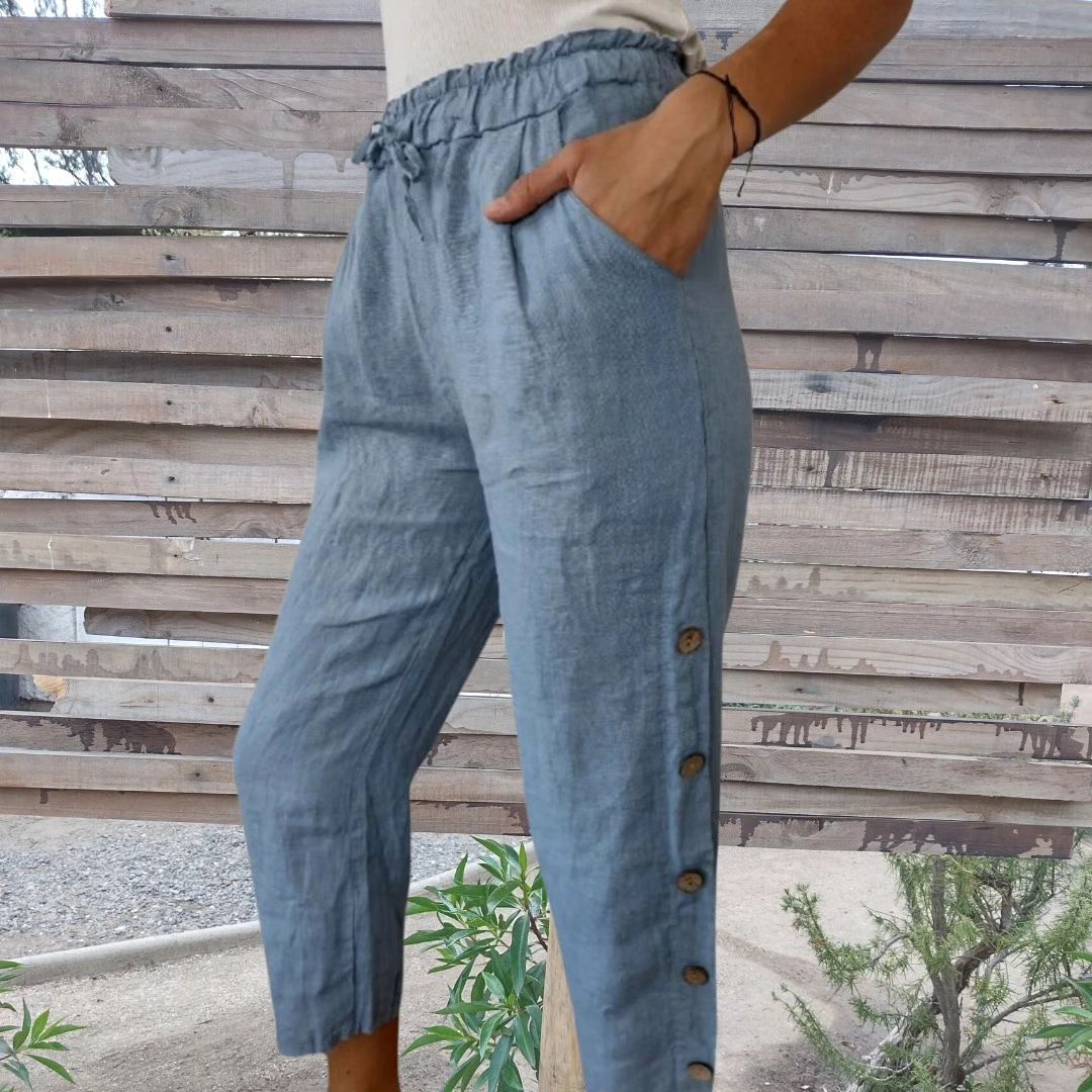 Cotton and linen elastic waist solid color casual trousers