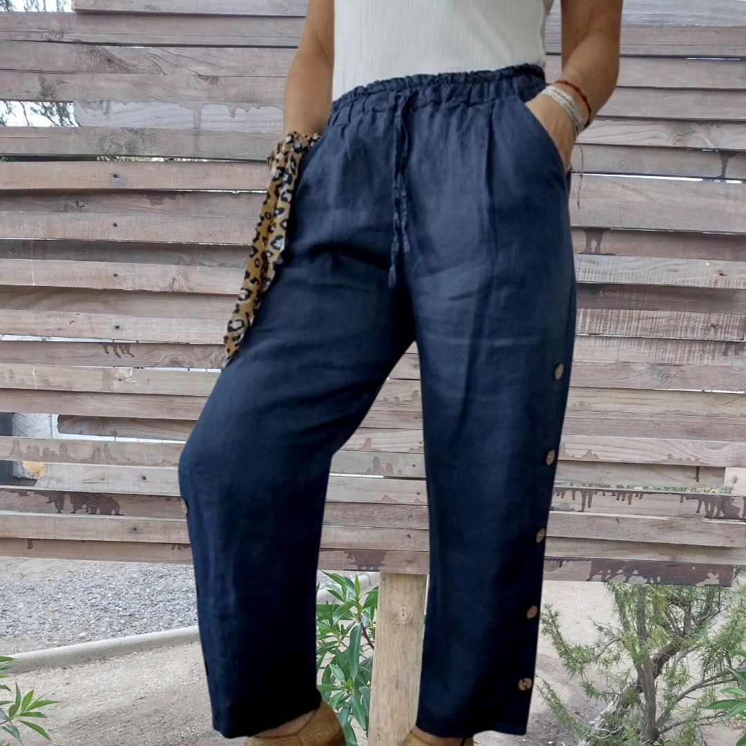 Cotton and linen elastic waist solid color casual trousers