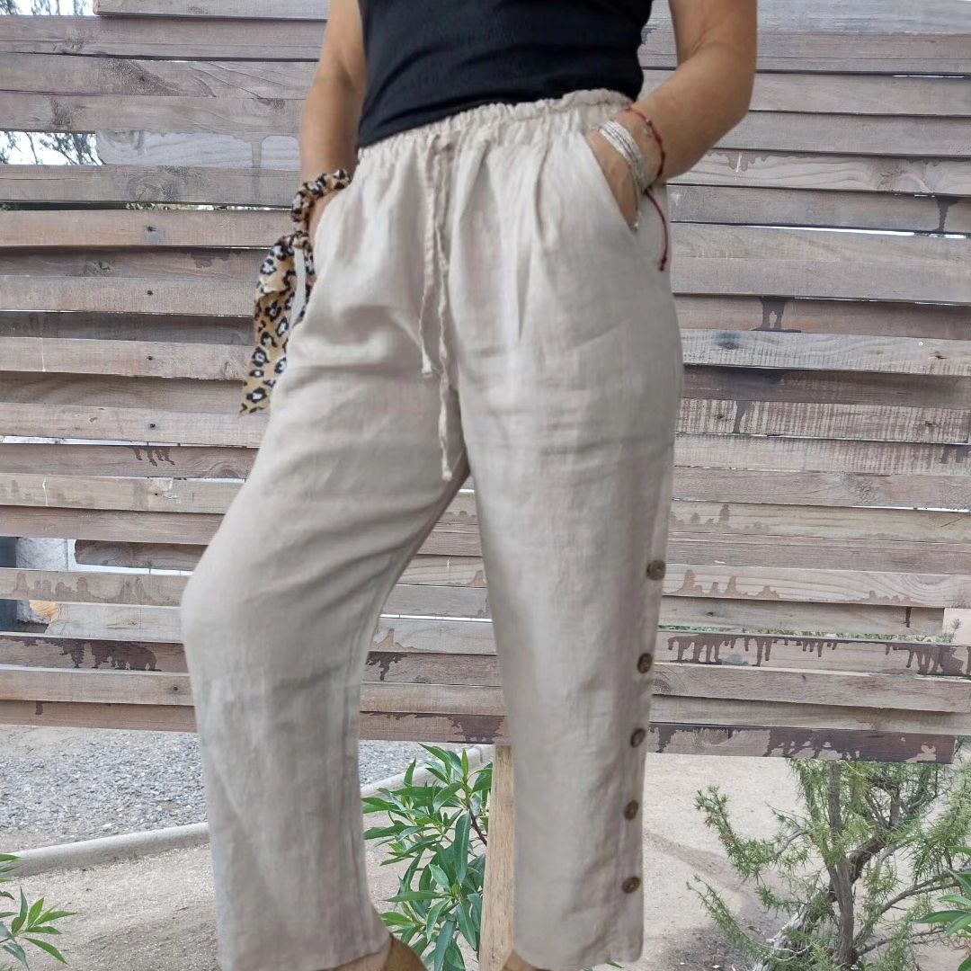Cotton and linen elastic waist solid color casual trousers