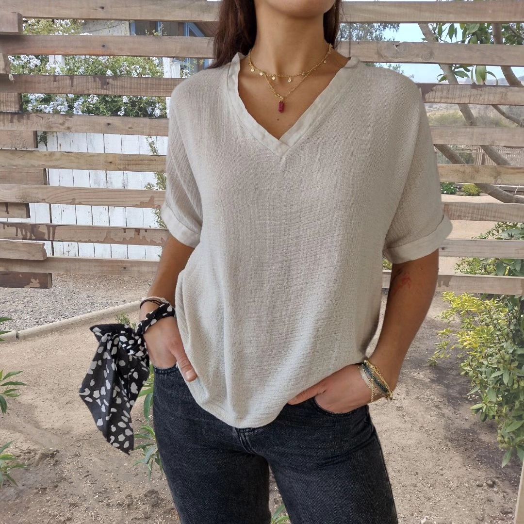Summer new solid color cotton and linen V-neck short sleeves