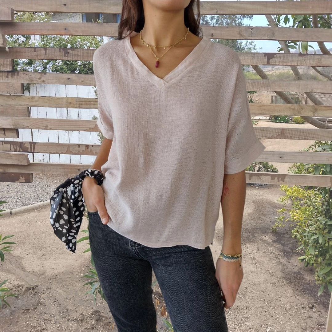 Summer new solid color cotton and linen V-neck short sleeves