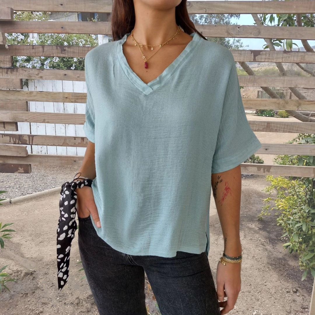 Summer new solid color cotton and linen V-neck short sleeves