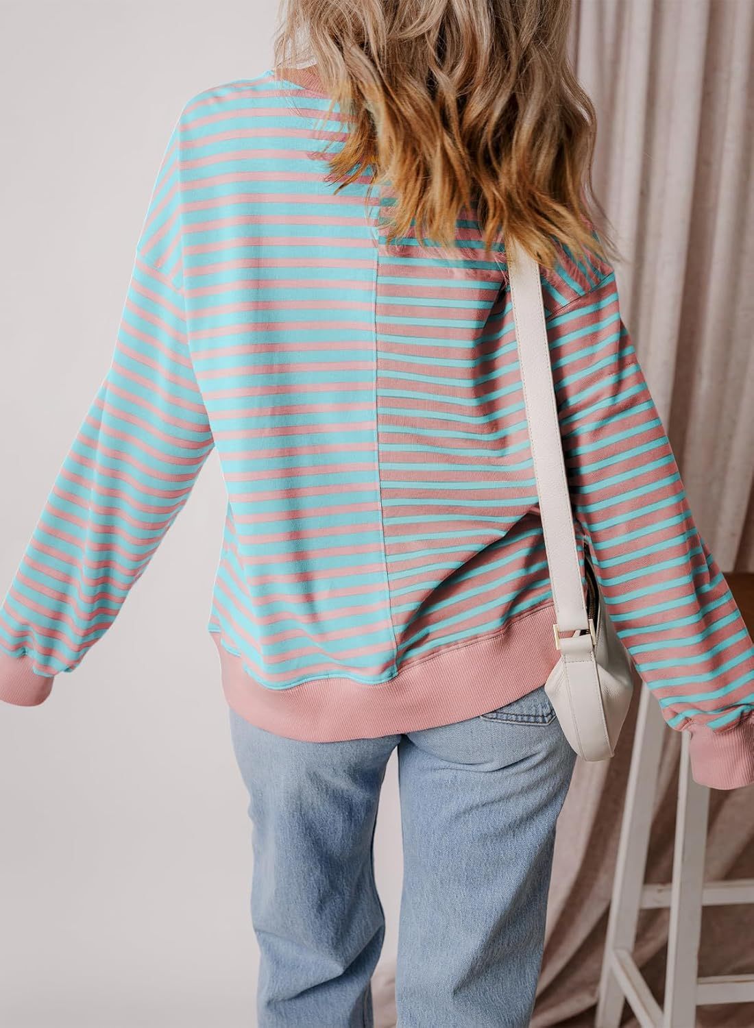 2024 Women's Striped Colorblock Large Size Round Neck Sweatshirt