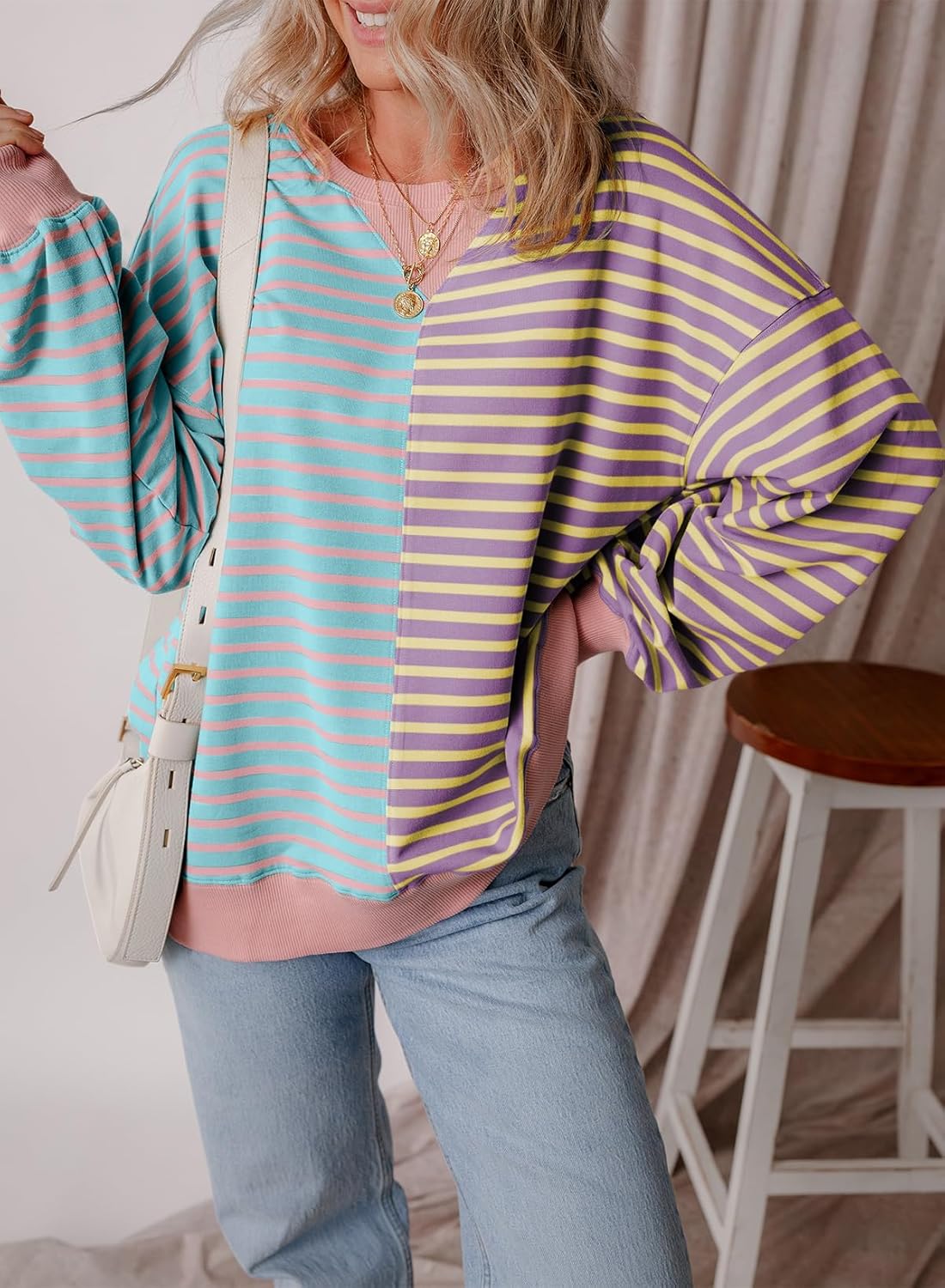 2024 Women's Striped Colorblock Large Size Round Neck Sweatshirt