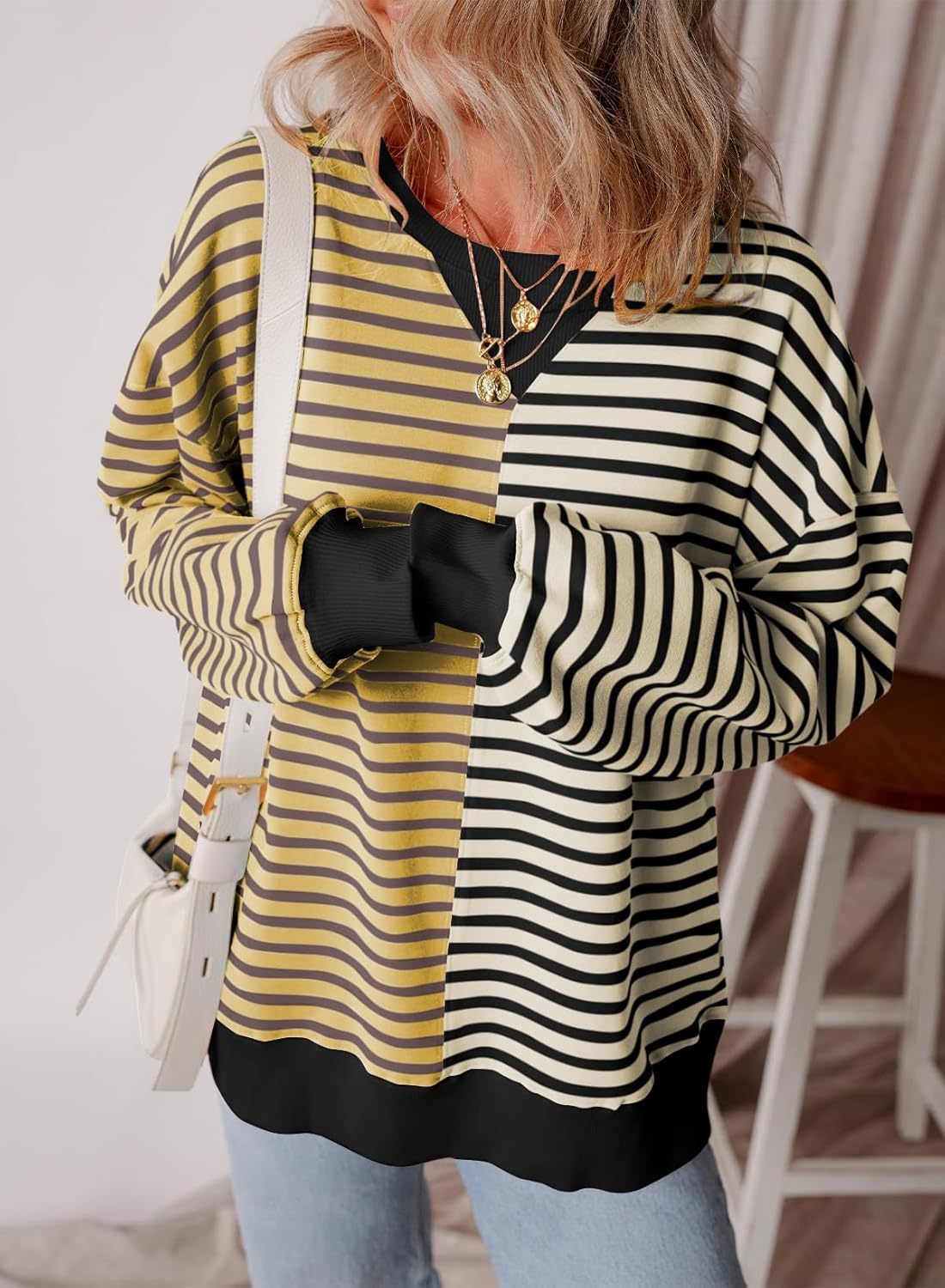 2024 Women's Striped Colorblock Large Size Round Neck Sweatshirt