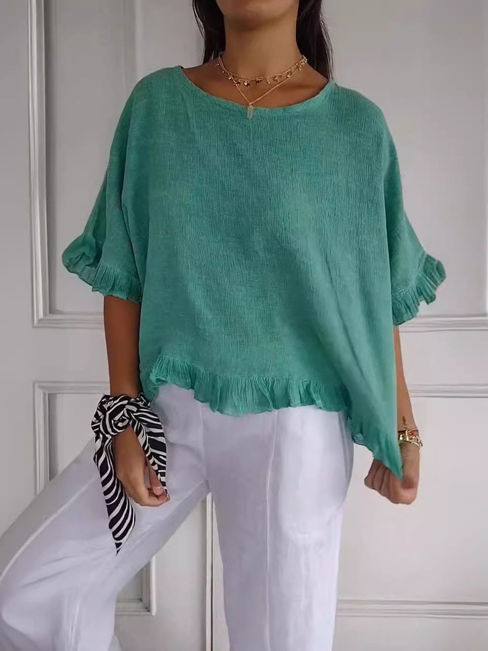 2025 New women's Round Neck Ruffled Hem Mid-sleeve Cotton and Linen Tops