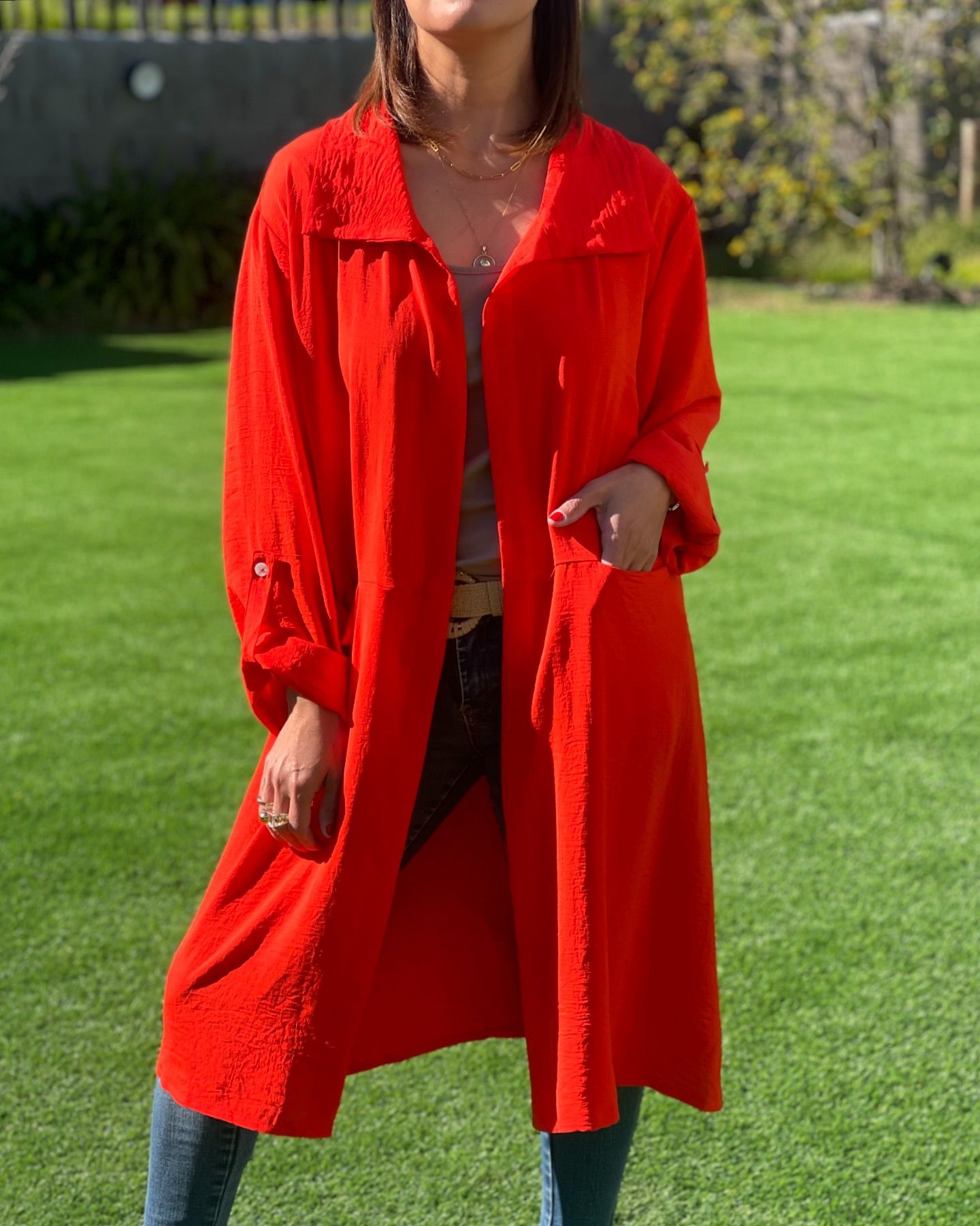Women's Large Lapel Pocket Midi Cardigan Shirt