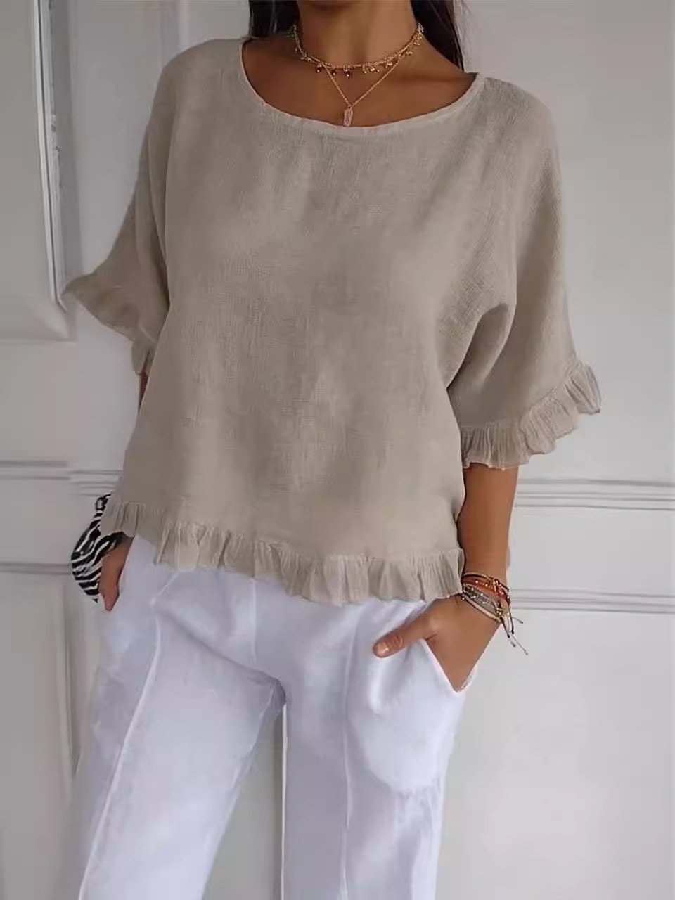 2025 New women's Round Neck Ruffled Hem Mid-sleeve Cotton and Linen Tops