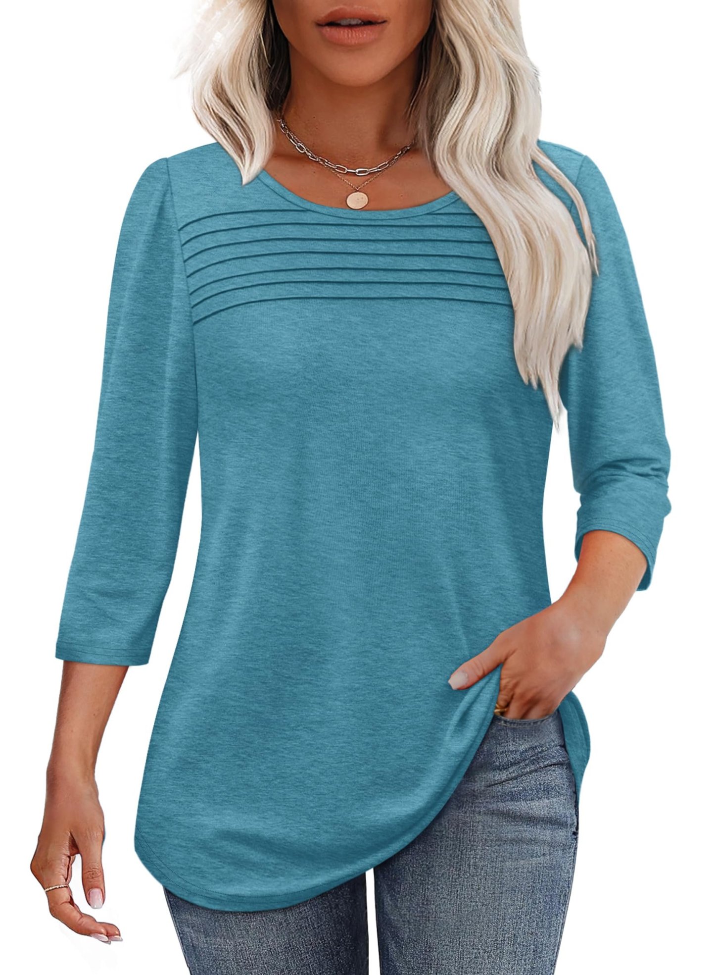 NEW ARRIVAL🔥 2025 Women's 3/4 Length Sleeve Top Pleated Front T-Shirt