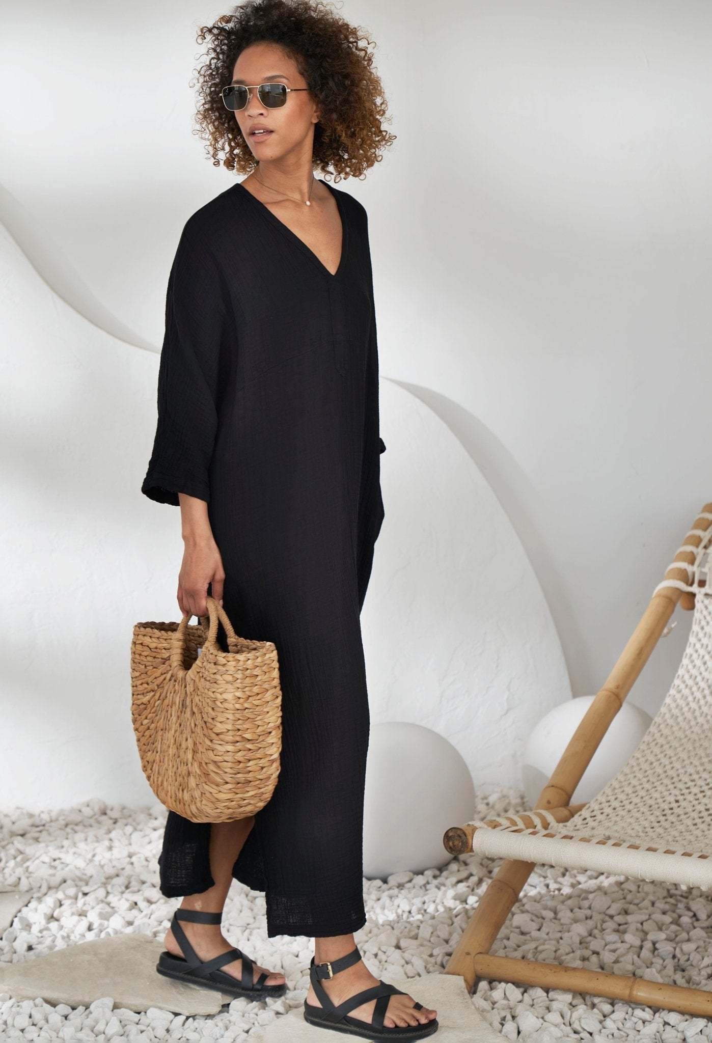 Black Cotton Gauze Arc Seam Caftan