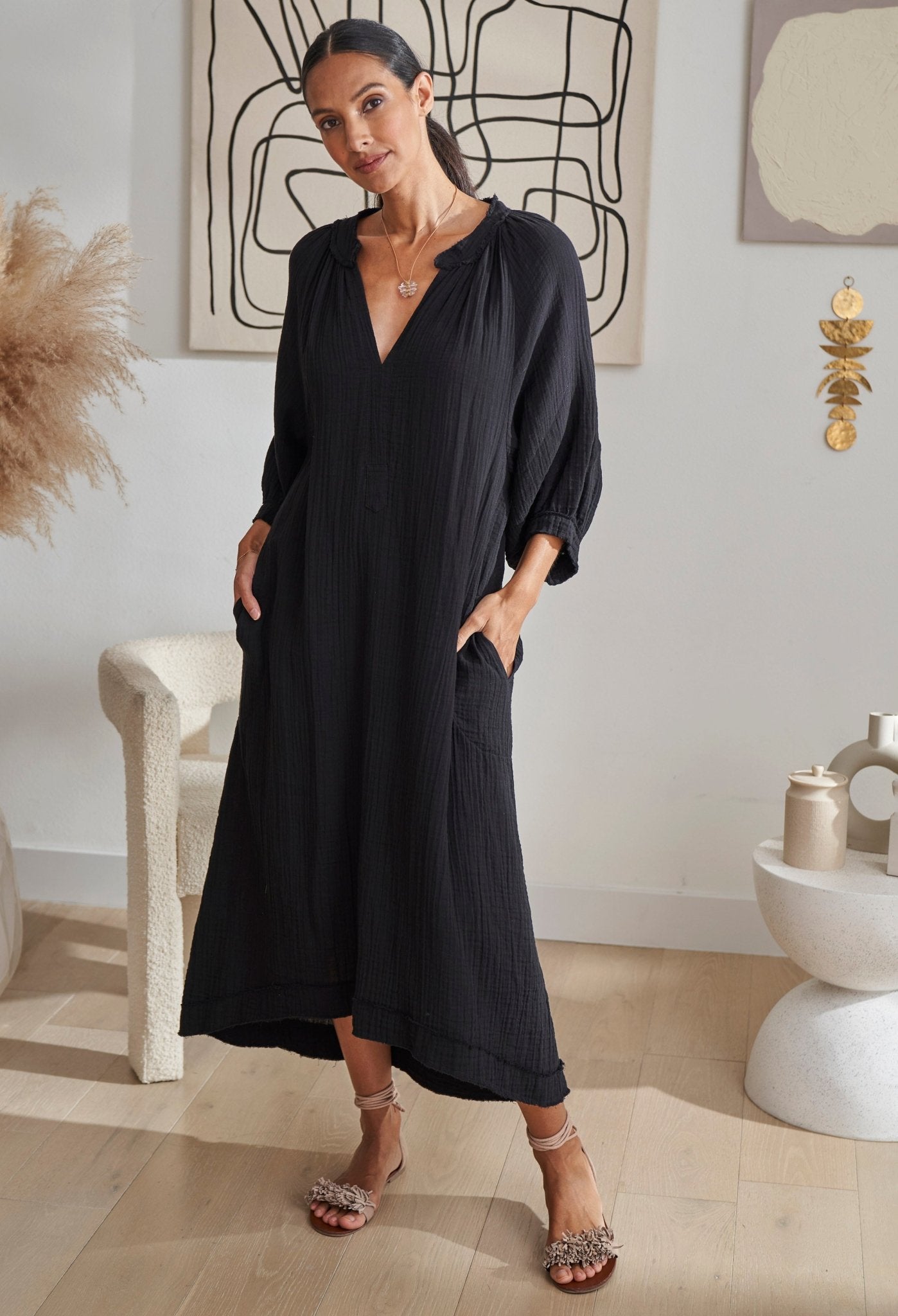 Black Gauze Dress with Pockets
